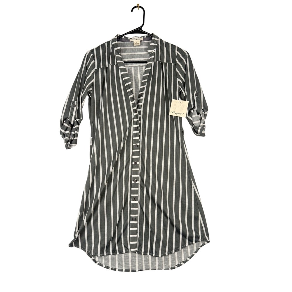 NWT Passport Women's Small Gray White Stripe Shirt Dress Roll Tab Sleeve Tunic